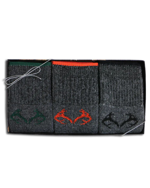Three-pack of men’s Merino wool blend socks in dark gray displayed in a gift box, each pair featuring a Realtree antler logo in green, orange, and black main.