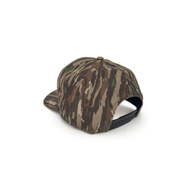 Back-left angle of the Realtree camo hat showing the adjustable black snapback closure and camo-patterned panels.