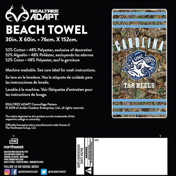Northwest NCAA UNC Tar Heels Camo Beach Towel in Realtree EDGE