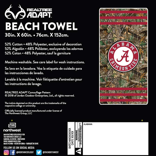 Northwest NCAA Alabama Crimson Tide Camo Beach Towel in Realtree EDGE