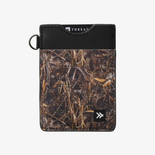 Thread camo vertical wallet in Realtree MAX-7 with black leather top and front card slot main
