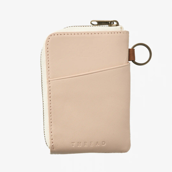 Back view of Thread camo zipper wallet with tan leather exterior, card slot, and attached key ring.