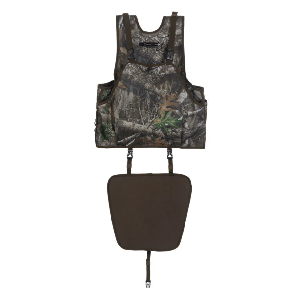 DSG Outerwear turkey vest in Realtree EDGE camo with detachable seat cushion and rear storage panel.