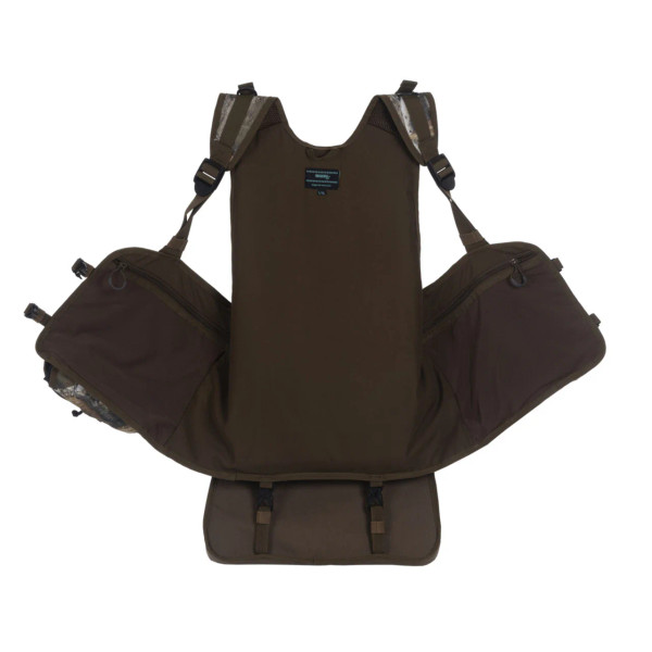 Interior view of DSG turkey vest showing padded back support, seat cushion, and adjustable straps.