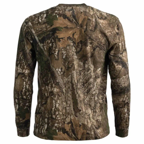 Back view of Realtree camo long sleeve hunting shirt showing full camouflage coverage and natural pattern detail APX