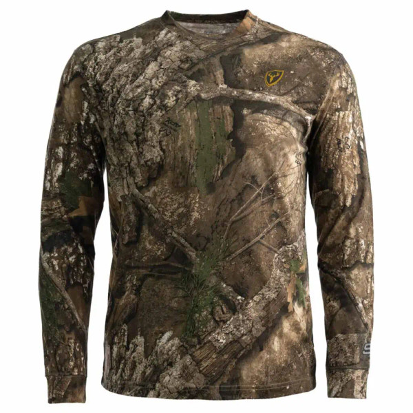 Front view of Blocker Outdoors long sleeve hunting shirt in Realtree camo with lightweight performance fit APX main