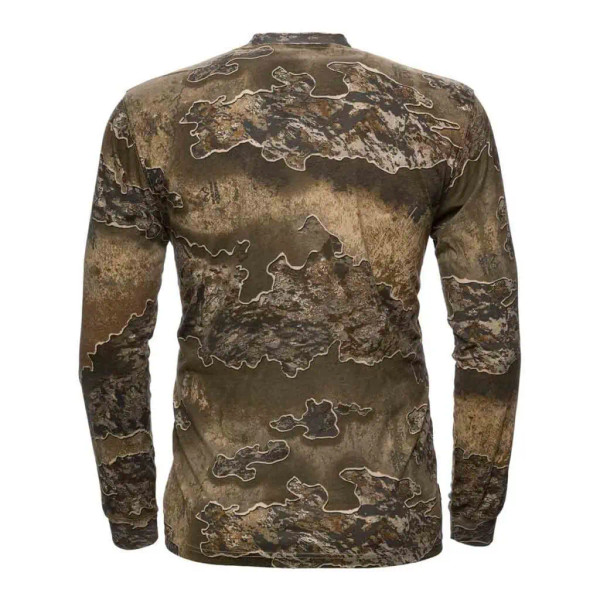 Back view of alternate Realtree camo pattern long sleeve hunting shirt with smooth athletic fit EXCAPE