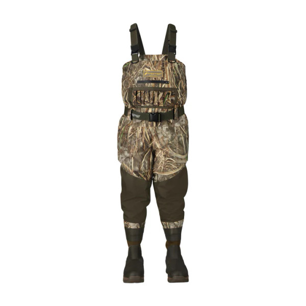 Front view of Realtree camo waders with chest storage and belt detail