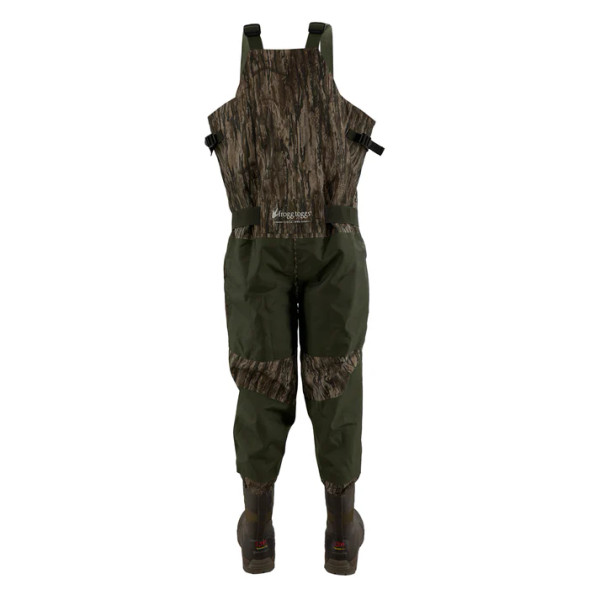 Back view of waders with adjustable straps and durable lower leg material