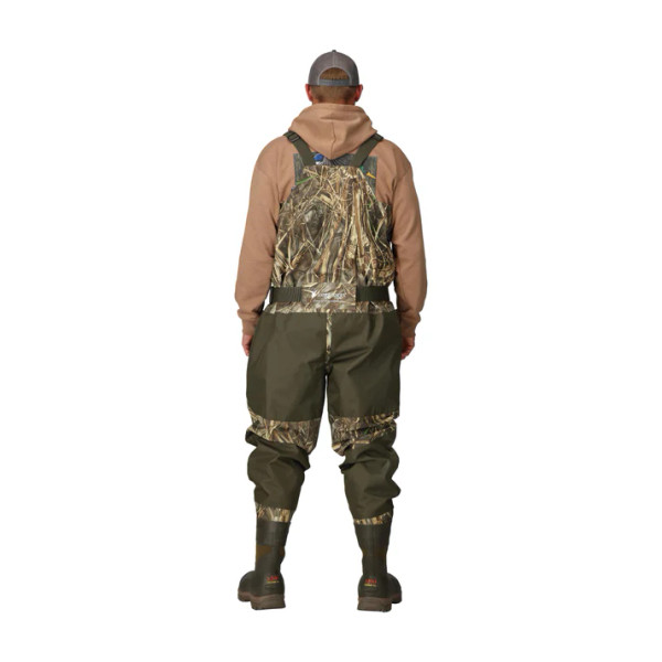 Back view of men’s waders with suspenders and waterproof construction