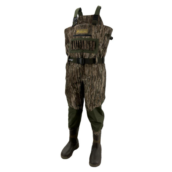 Angled front view of camo waders with chest pocket and attached boots