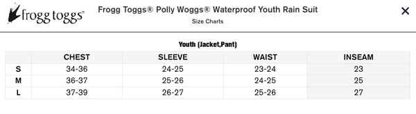 Youth size chart showing chest, torso, and arm length measurements with diagram of how to measure.