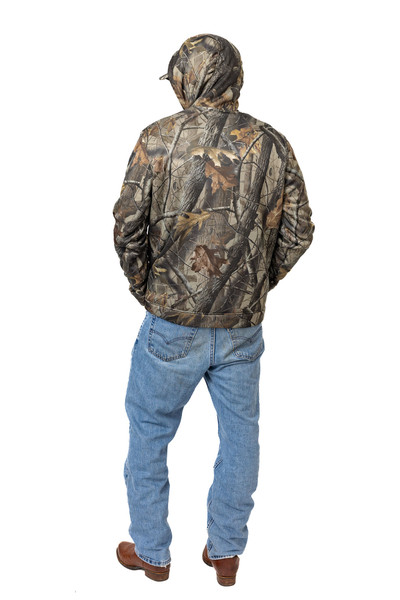 Back view of camo hoodie paired with jeans showing full camouflage pattern