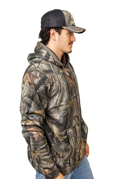 Side profile of camo hoodie showing fit and sleeve detail
