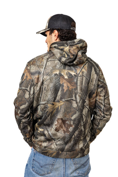 Rear angle of Realtree Hardwoods camo hoodie highlighting hood and back design