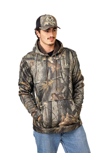 Front view of camo hoodie with logo detail and kangaroo pocket