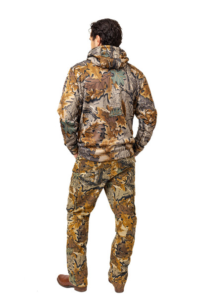 Full back outfit view of camo hoodie with matching camo pants
