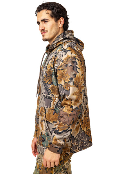 Side profile of men’s camo hoodie showing hood and relaxed fit