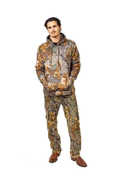 Full outfit view of camo hoodie paired with matching pants in Realtree Advantage Classic