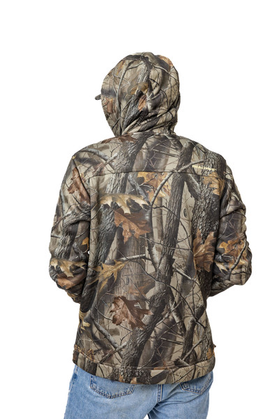 Back view of men’s high pile camo jacket in Realtree Hardwoods camouflage.