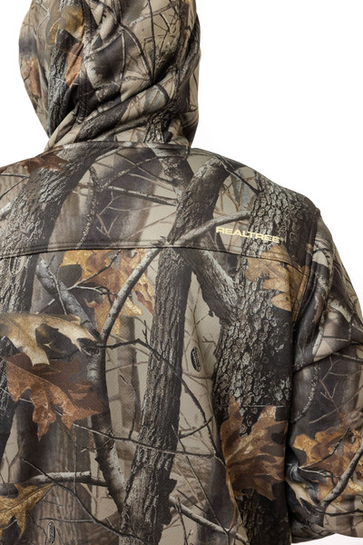 Rear detail of men’s Realtree Hardwoods camo jacket highlighting pattern and back panel.