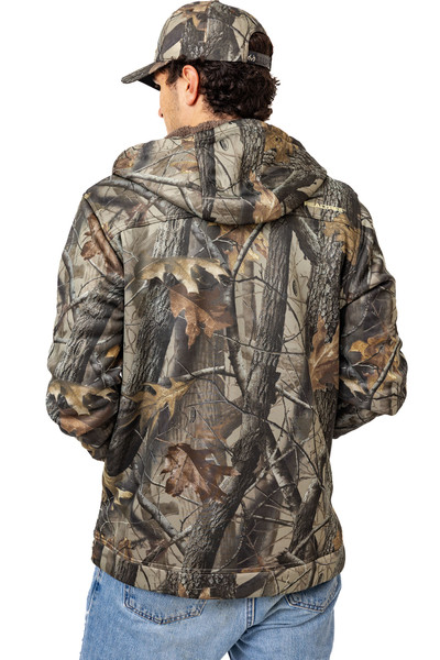 Rear angled view of men’s Realtree Hardwoods camo jacket with hood down.