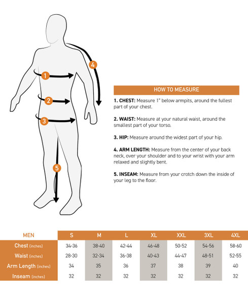 Men’s sizing chart with measurement guide showing how to measure chest, waist, hip, arm length, and inseam, plus size ranges from Small to 5XL.