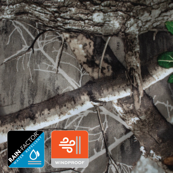 Fabric close-up of camo pants highlighting water-resistant and windproof performance features.