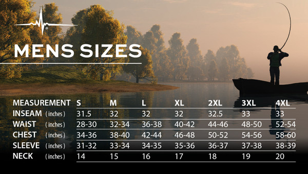 Men’s sizing chart with measurement guide showing how to measure chest, waist, hip, arm length, and inseam, plus size ranges from Small to 5XL.