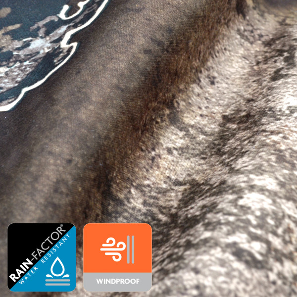 Fabric close-up of Realtree APX camo jacket highlighting water-resistant and windproof performance features.