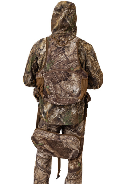 Back view of Spring Thunder Turkey Vest in Realtree APX with large rear game pouch.