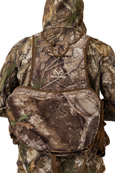 Rear view of turkey vest showing padded back panel and large fold-down seat cushion.
