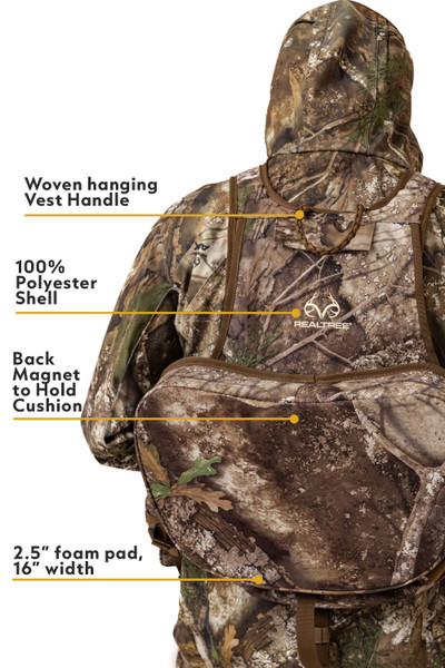 Back feature view highlighting vest handle, polyester shell, magnetic seat system, and foam cushion.