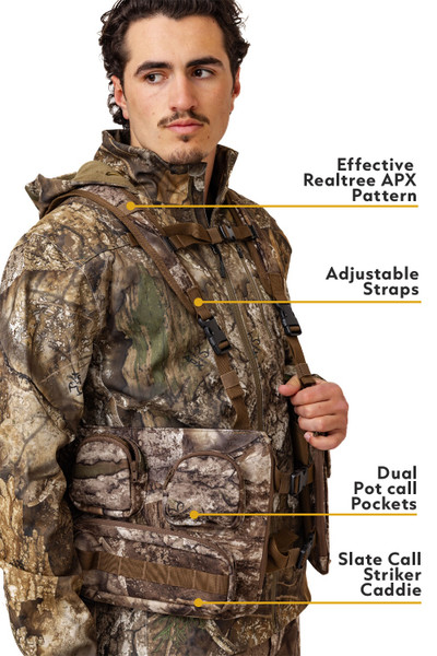 Product feature view highlighting adjustable straps, dual pot call pockets, and slate call striker caddie.