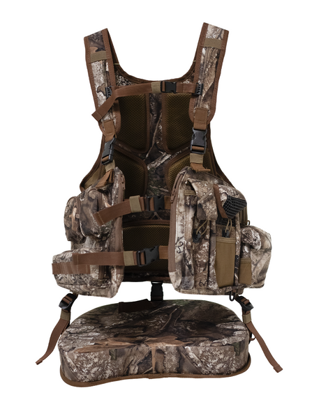 Front view of Spring Thunder turkey vest in Realtree APX camo with multiple pockets and fold-down seat main