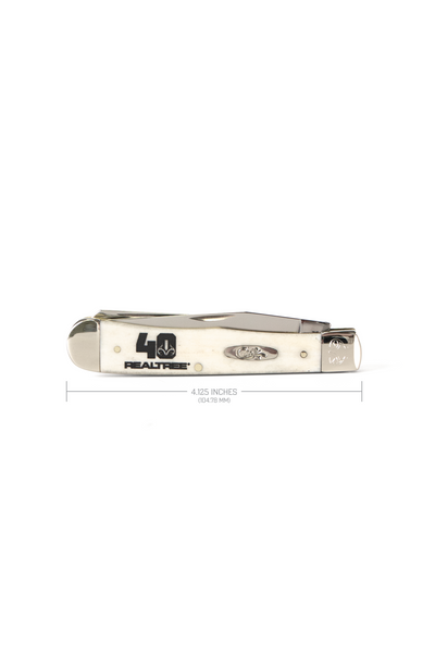 Closed view of the Limited Edition Realtree 40th Anniversary Case pocket knife with white handle and logo