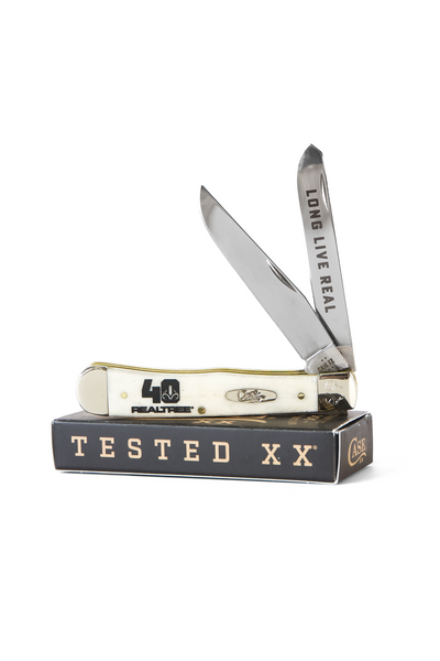Limited Edition Realtree 40th Anniversary Case folding knife displayed open with two polished stainless steel blades main