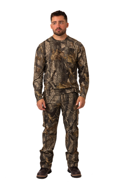 Full-body view of Men's Bamboo Long Sleeve Crew Neck Camo Shirt in Realtree Hardwoods with matching camo pants.