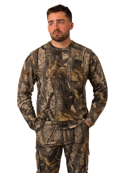 Men's Bamboo Long Sleeve Crew Neck Camo Shirt in Realtree Hardwoods, mid-length model view.