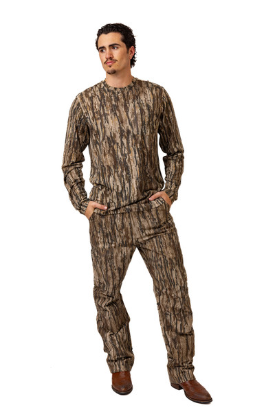 Full-body view of men’s long sleeve camo shirt styled with matching pants.