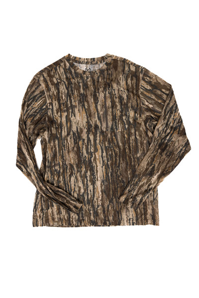 Flat lay of men’s bamboo long sleeve camo crew neck shirt.