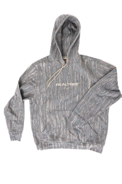 Flat lay front view of men’s faded camo pullover hoodie.