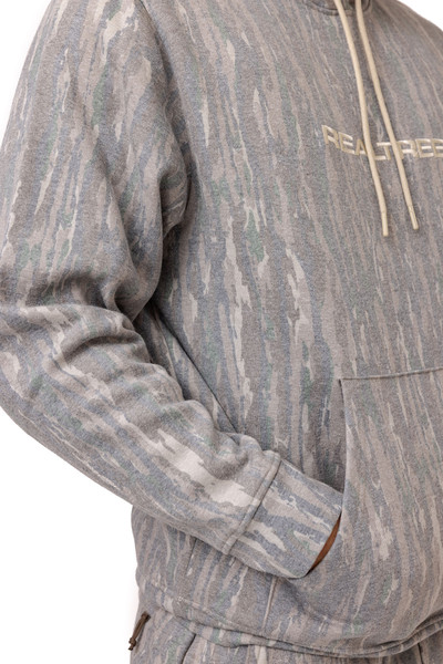 Close-up of faded camo sleeve and kangaroo pocket detail.
