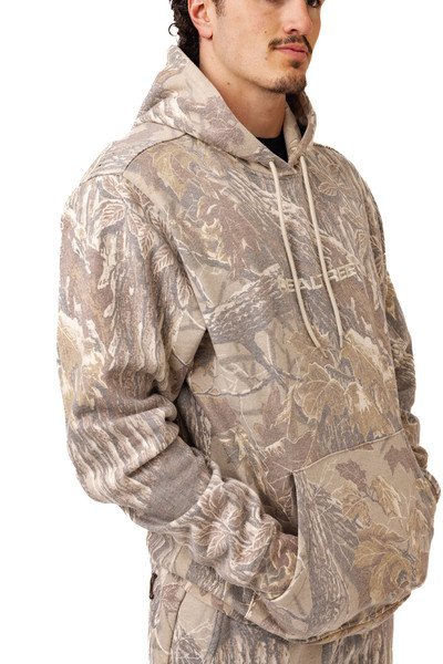 Side view of men's Realtree Xtra Grey faded camo hoodie with front pocket.