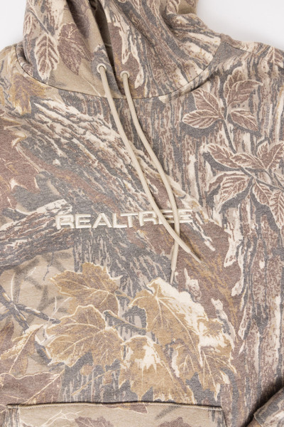 Close-up of drawstrings and Realtree logo on Xtra Grey camo hoodie.