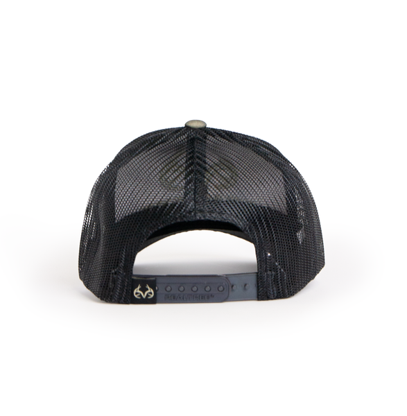 Back view of mesh snapback hat with adjustable closure.