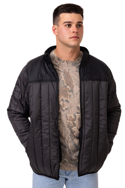 Men's Realtree 40th Anniversary Pro Staff Black Puff Jacket worn open with camo shirt.