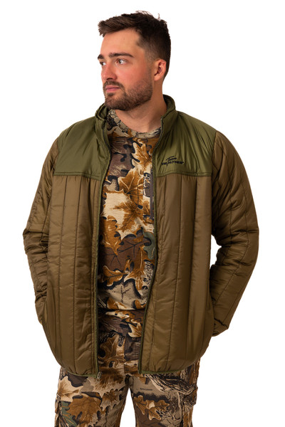 Close-up front view of Men's Realtree 40th Anniversary Pro Staff Green Puff Jacket on model.