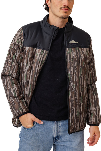 Front view of camo insulated jacket with full zip closure and stand collar.