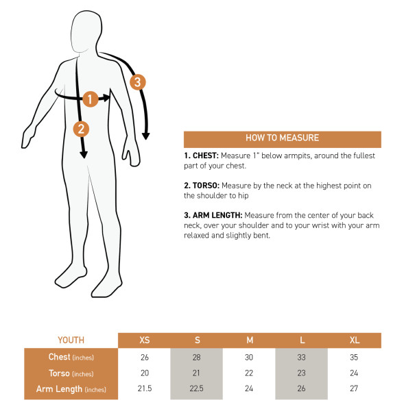 Toddler sizing chart showing chest, torso, and arm length measurements for sizes T2, T3, and T4, along with a simple diagram illustrating where to measure on the body.